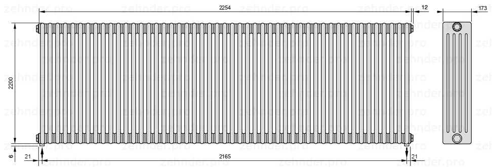 Схема (чертеж) Радиатор Zehnder Charleston 5220/49 №5310 Белый глянцевый RAL 9016